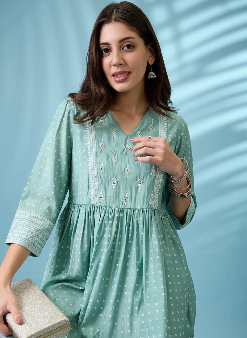 globus Globus Women Green Ethnic Print V-Neck Sequinned Detail Gathered Tunic